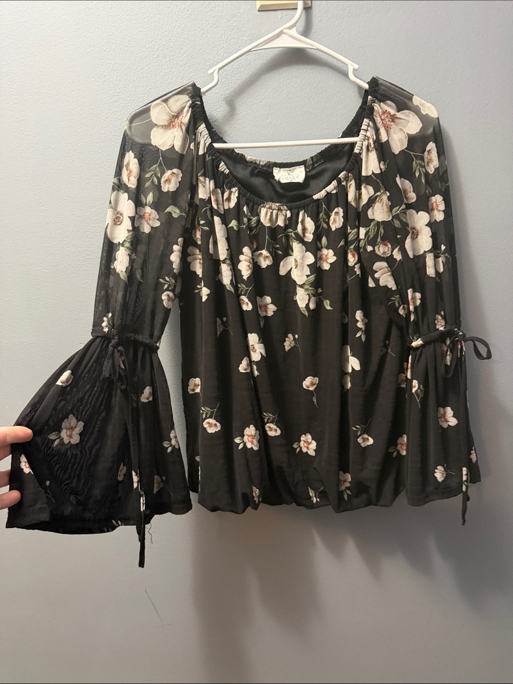 Black Floral Bell-Sleeve Tunic Top